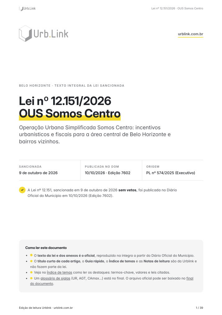 Capa do guia: Lei nº 12.151/2026, OUS Somos Centro, edição de leitura Urblink